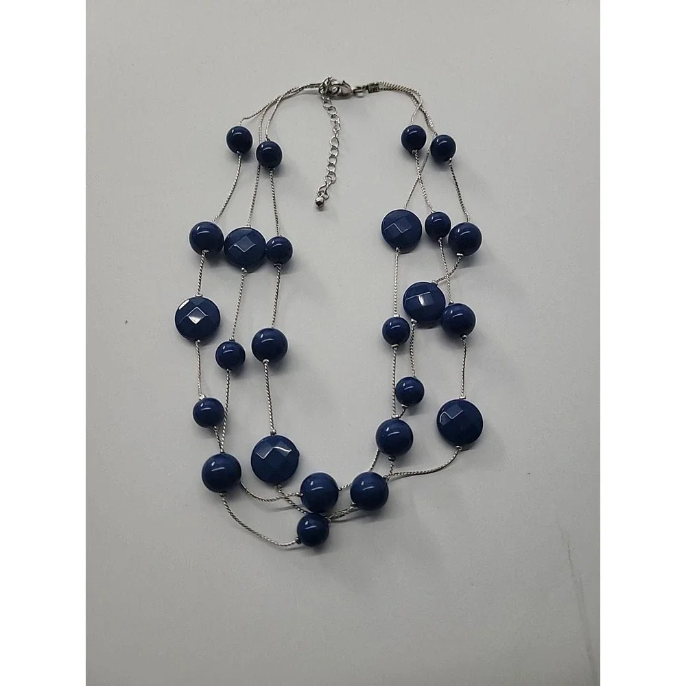 Vintage Blue Bead Multi Strand Silver Tone Necklace‎ Long Layered Statement